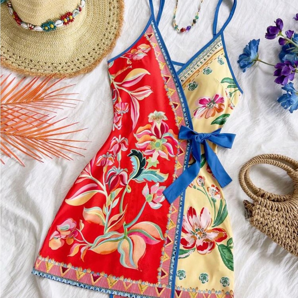 NEW Floral Wrap Dress with Blue Accents